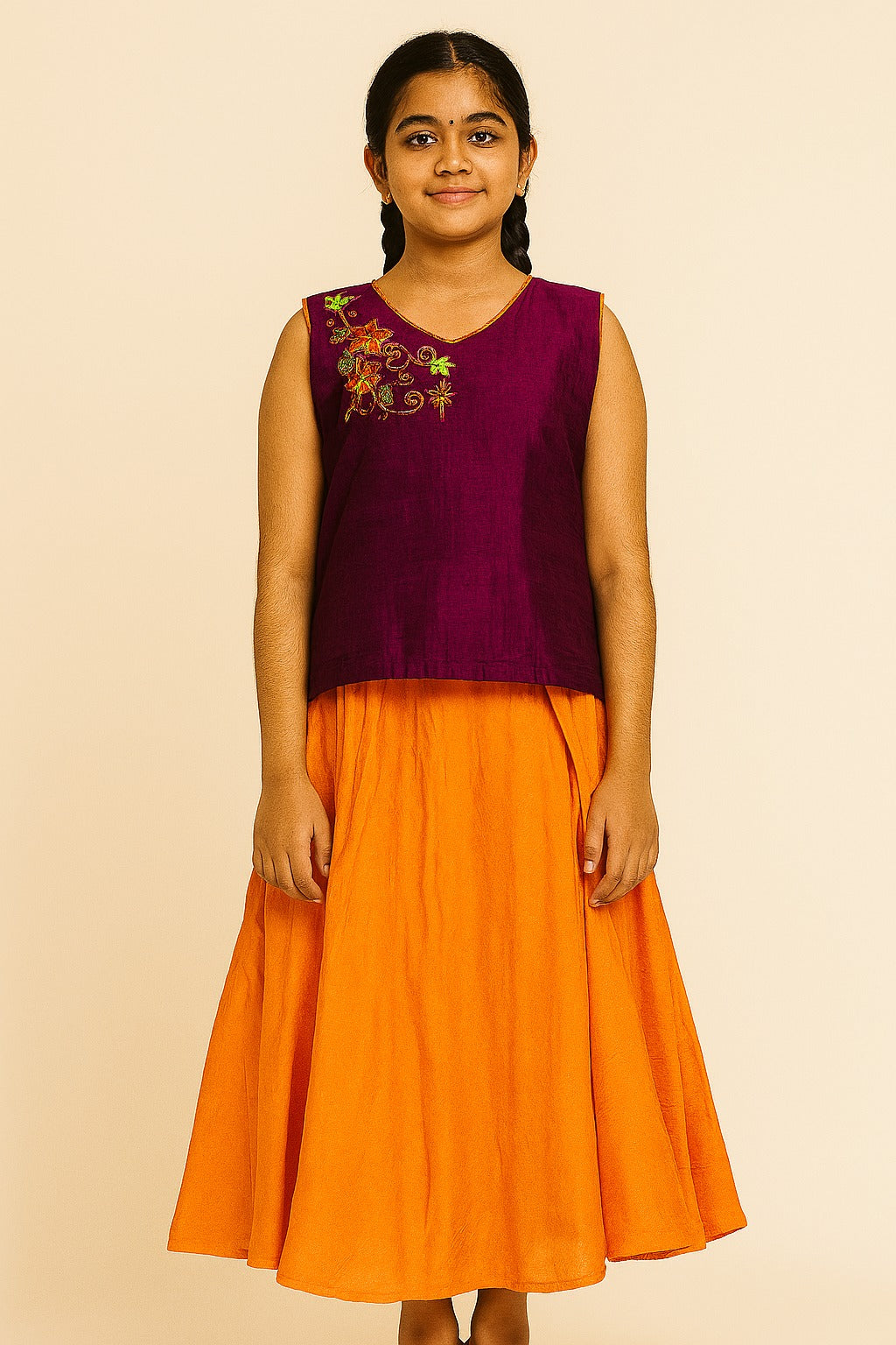 Festive Traditional Lehenga Set for Girls – Wine Sleeveless Embroidered Top with Bright Orange Flared Skirt - Inayah Fashion
