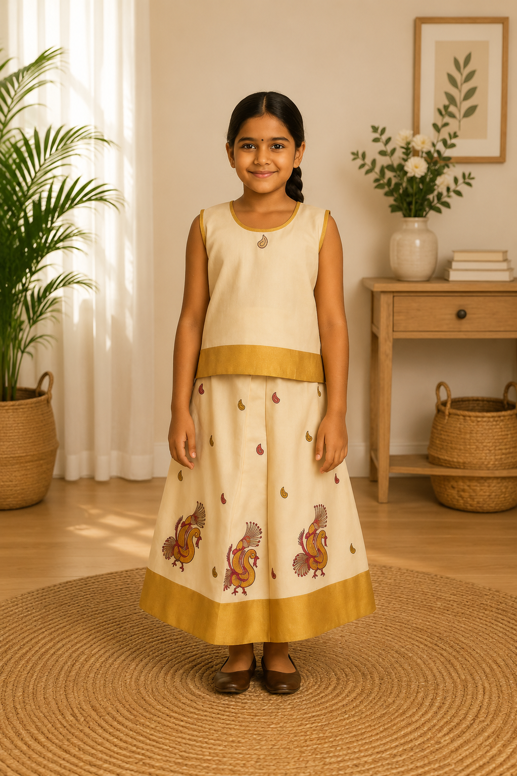 Off-white Pattu frock for girls with paisley motifs and peacock embroidered skirt