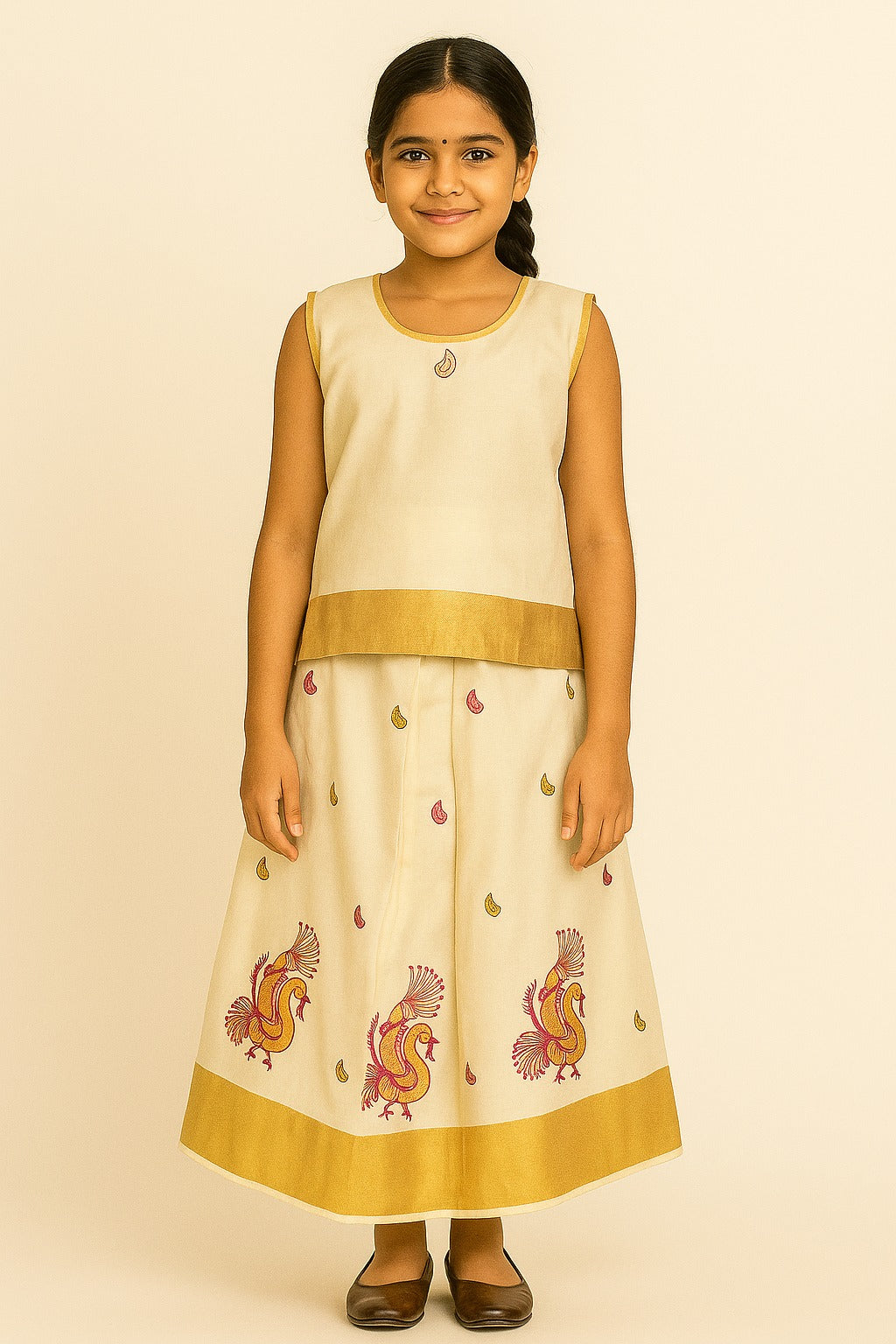 Elegant Off-White Pattu Frock for Girls – Sleeveless Gold-Bordered Top with Paisley Motifs & Multicolor Peacock Embroidered Skirt - Inayah Fashion
