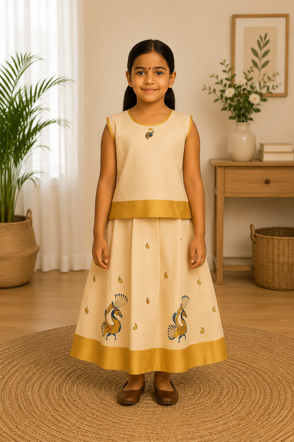 Off-white Pattu frock for girls with colourful kurti top and dual peacock skirt
