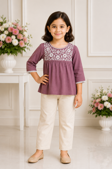 Mauve cotton top with white floral embroidery and beige straight pants for girls