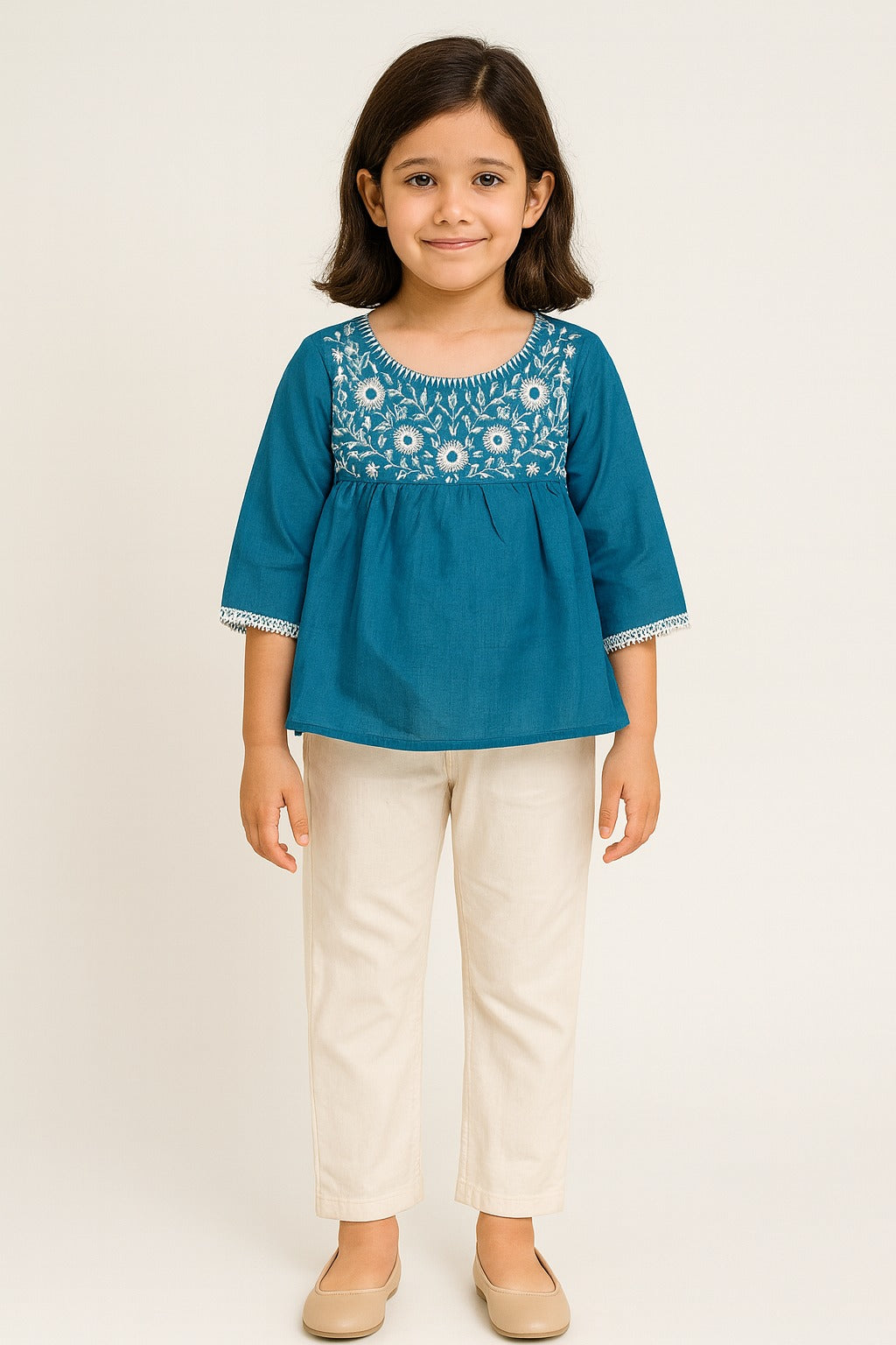 Girls Teal Blue Cotton Embroidered Top with Beige Straight Pants – Elegant Ethnic-Inspired Casual Kurti Pant Set - Inayah Fashion