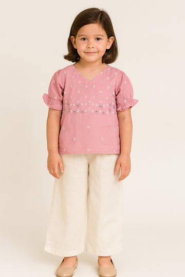 Blush Pink Floral Embroidered V-Neck Top with Cream Palazzo Pants – Breezy Summer Co-Ord Set for Girls - Inayah Fashion