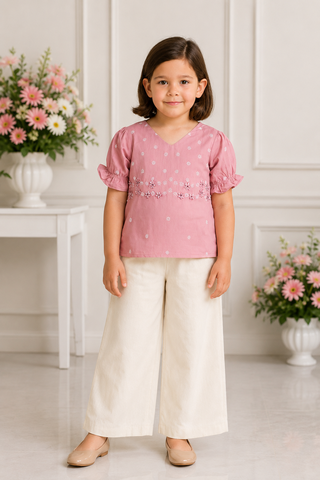 Blush pink floral embroidered V-neck top with cream palazzo pants for girls