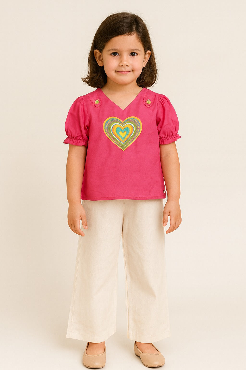 Fuchsia Pink Cotton Top with Colourful Heart Embroidery & Cream Palazzo Pants – Fun and Playful Co-Ord Set for Girls - Inayah Fashion