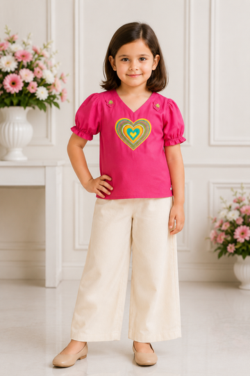 Fuchsia Pink Cotton Top with Colourful Heart Embroidery & Cream Palazzo Pants – Fun and Playful Co-Ord Set for Girls