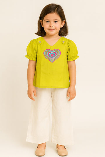 Lime Green Cotton Top with Multicolour Heart Embroidery & Cream Palazzo Pants – Playful & Bright Co-Ord Set for Girls - Inayah Fashion