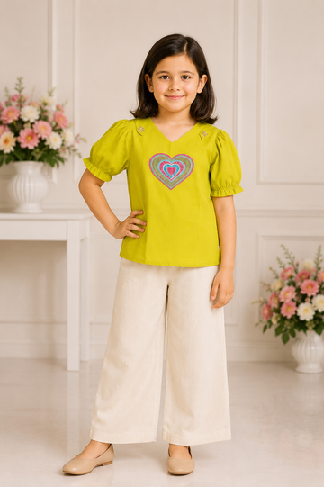 Lime green cotton top with heart embroidery and cream palazzo pants for girls
