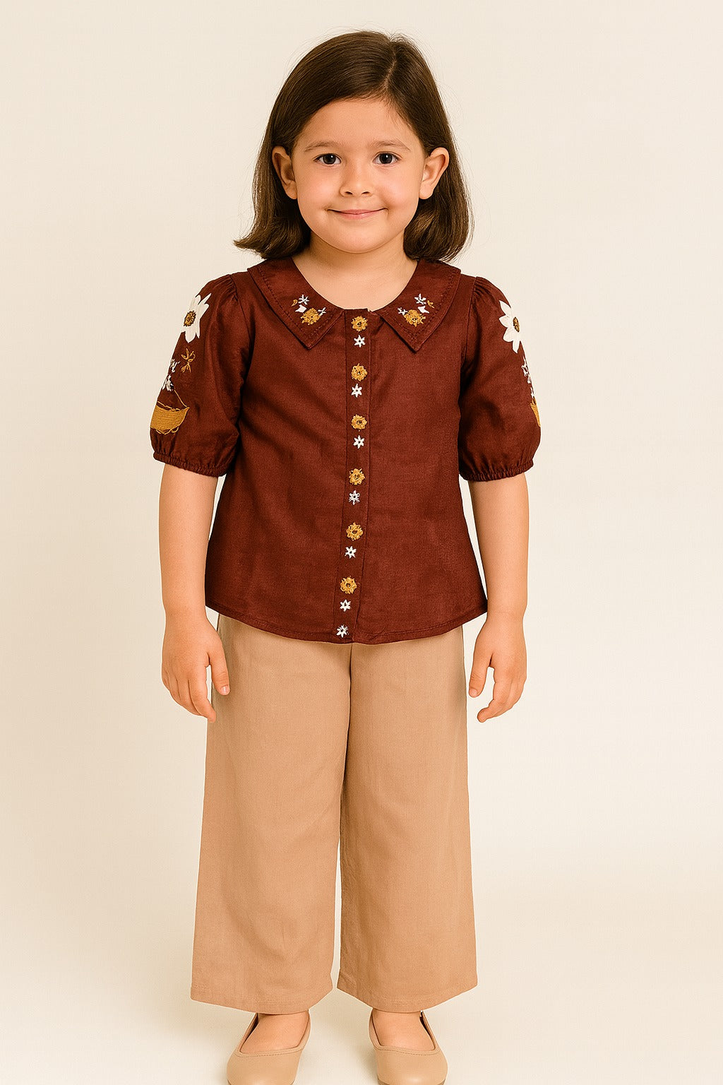 Girls Brown Sunflower Embroidered Cotton Shirt with Tan Palazzo Pants – Stylish Retro-Inspired Co-Ord Set for Everyday Chic - Inayah Fashion