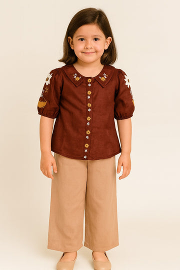 Girls Brown Sunflower Embroidered Cotton Shirt with Tan Palazzo Pants – Stylish Retro-Inspired Co-Ord Set for Everyday Chic - Inayah Fashion