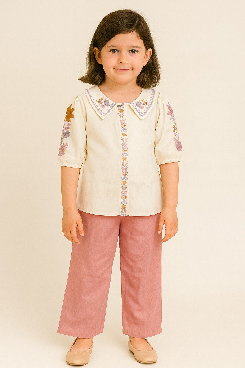 Cream Floral Embroidered Shirt with Peter Pan Collar & Dusty Rose Pink Palazzo Pants – Graceful Garden-Inspired Co-Ord Set for Girls - Inayah Fashion