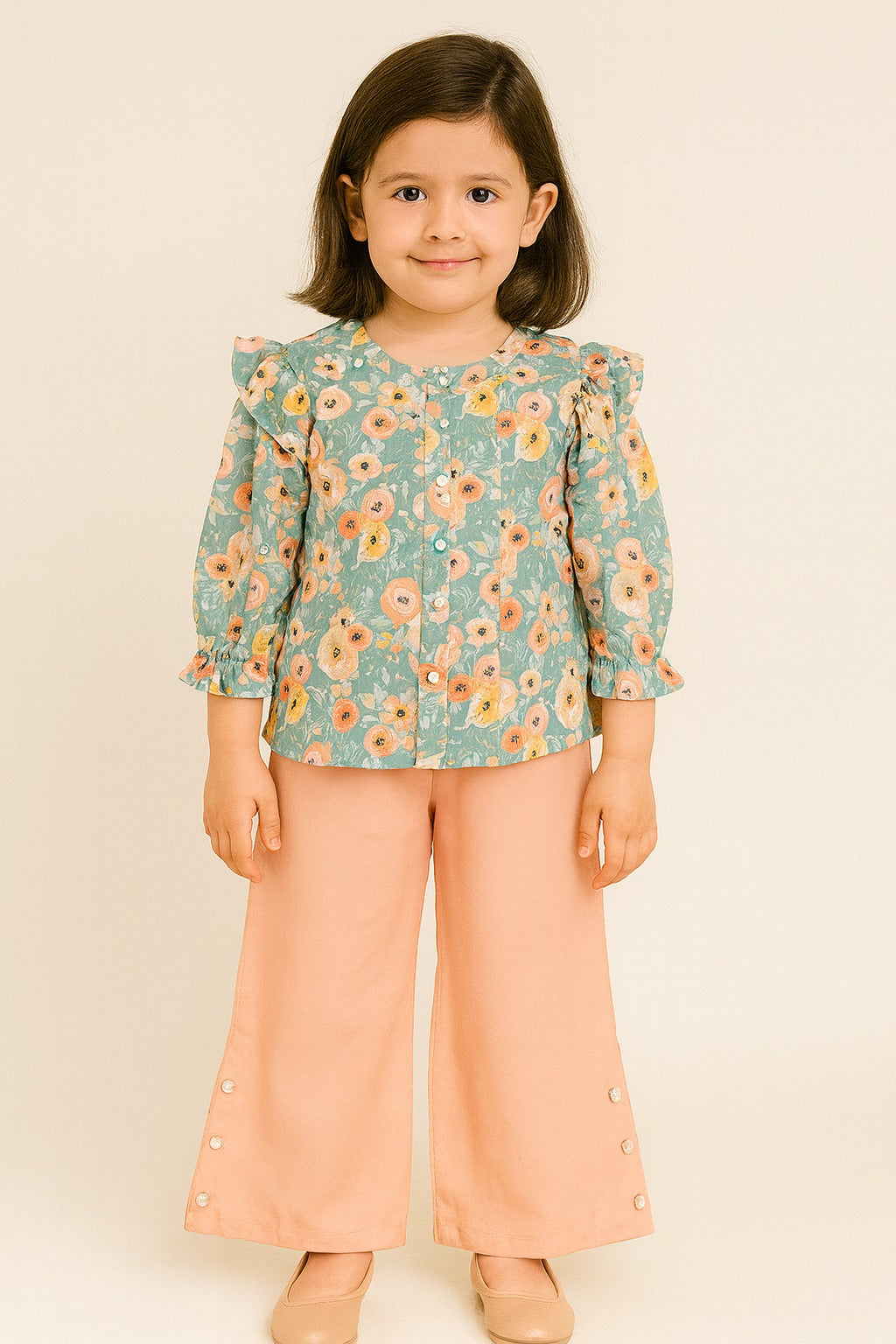 Mint Green All-Over Floral Cotton Shirt with Ruffle Sleeves & Peach Buttoned Palazzo Pants – Spring-Inspired Co-Ord Set for Girls - Inayah Fashion