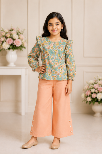 Mint green floral cotton shirt with ruffle sleeves and peach palazzo pants for girls