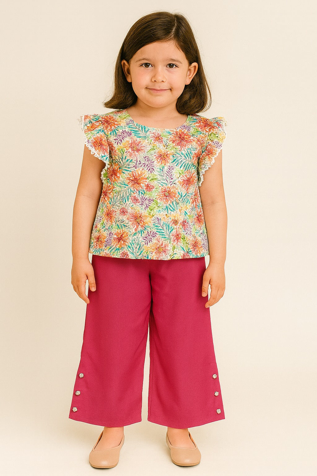 Multicolor Tropical Floral Printed Cap-Sleeve Top with Magenta Palazzo Pants – Vibrant Summer Co-Ord Set for Girls - Inayah Fashion