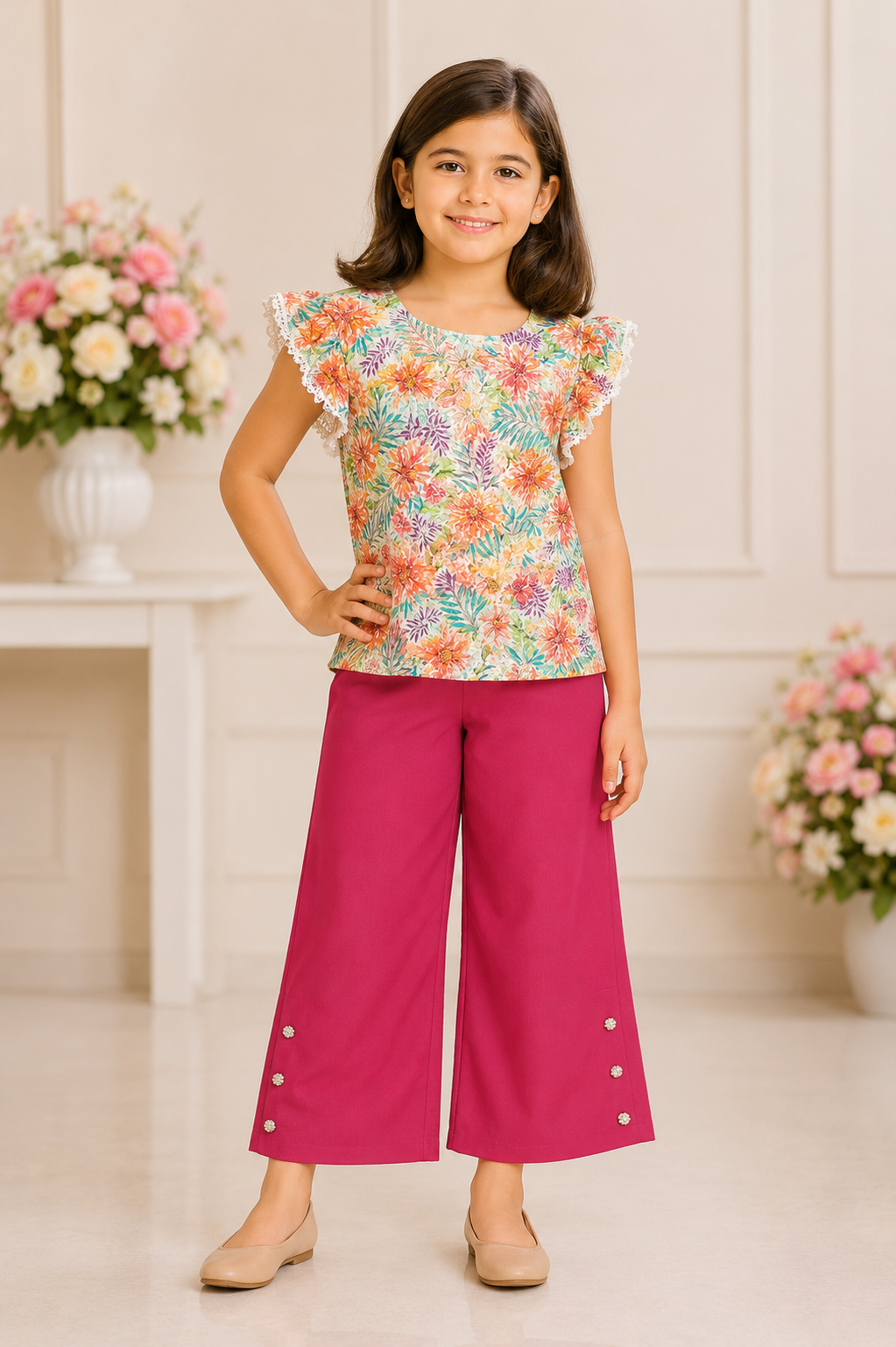 Multicolor tropical floral cap-sleeve top with magenta palazzo pants for girls