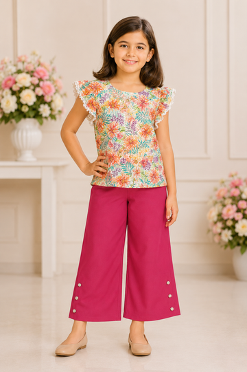 Multicolor tropical floral cap-sleeve top with magenta palazzo pants for girls