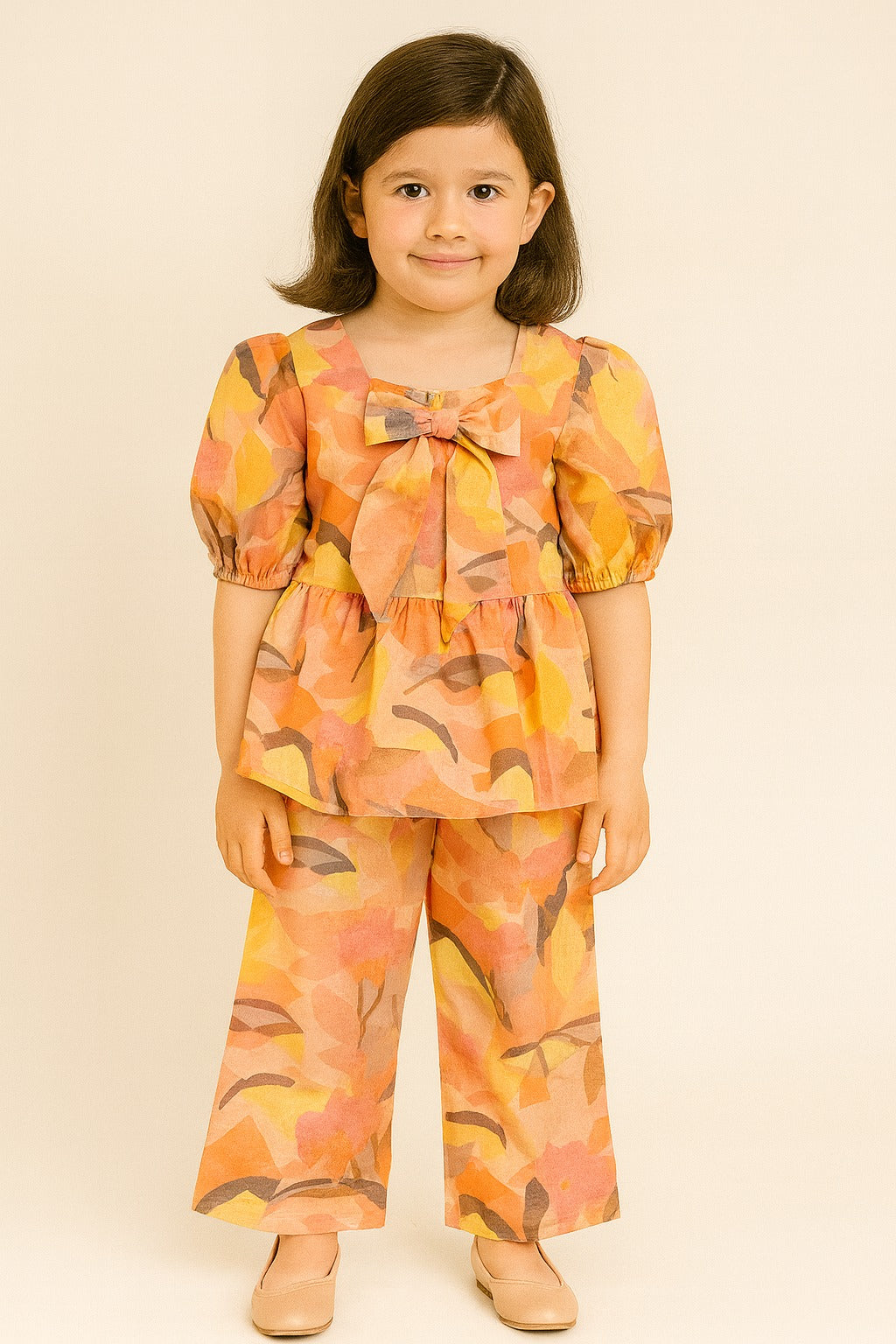Sunset Orange Abstract Print Peplum Top with Bow & Matching Wide-Leg Pants – Breezy Co-Ord Set for Girls - Inayah Fashion