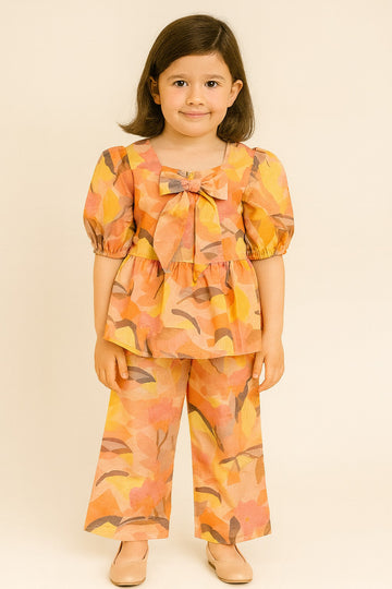 Sunset Orange Abstract Print Peplum Top with Bow & Matching Wide-Leg Pants – Breezy Co-Ord Set for Girls - Inayah Fashion