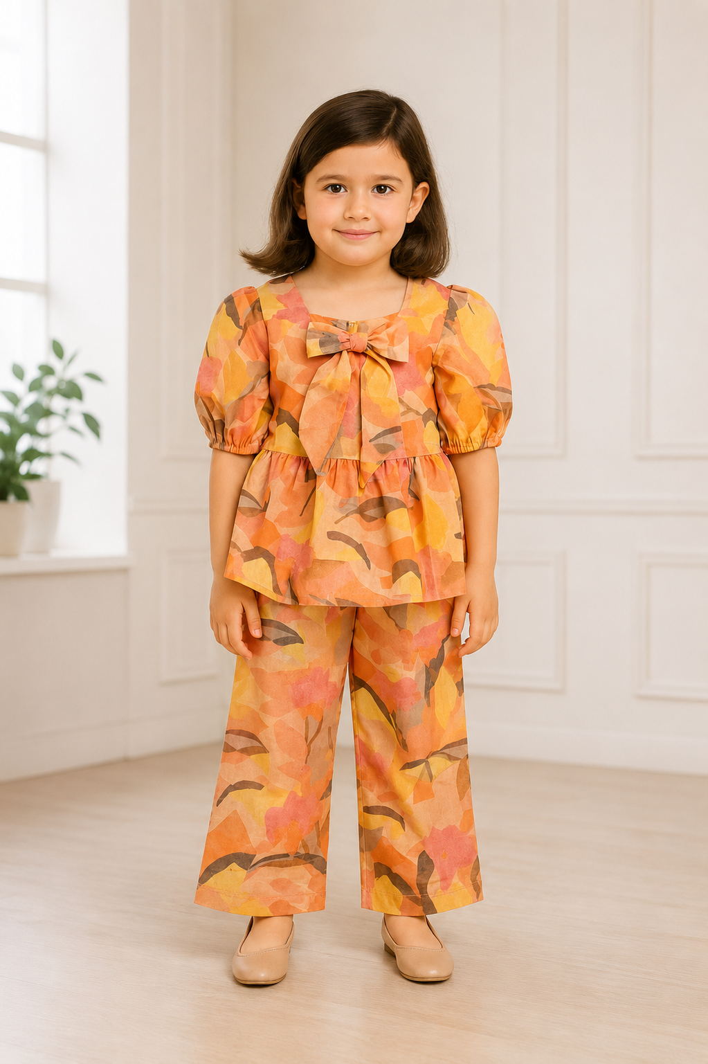 Orange abstract print peplum top with bow and matching wide-leg pants for girls