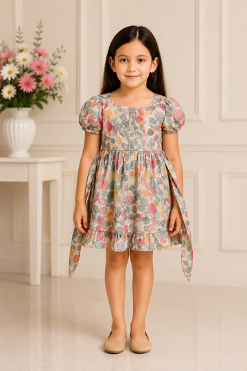 Pastel Leaf-Print Cotton Frock with Puff Sleeves & Waist Tie – Soft & Elegant Everyday Dress for Girls