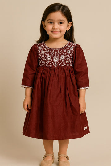 Maroon Hand-Embroidered Cotton Ethnic Dress – Full Sleeves