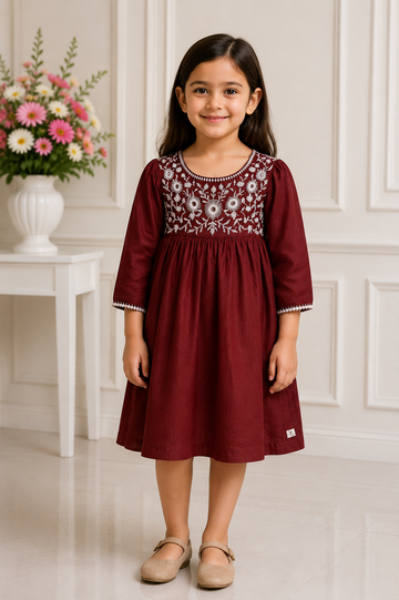 Girls maroon hand-embroidered cotton ethnic dress with full sleeves