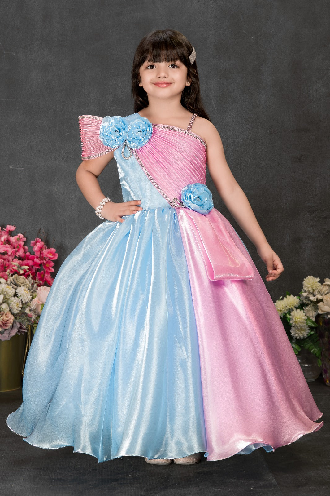 Blue & Pink Ombre One-Shoulder Party Gown – Girls’ Designer Dress - Inayah Fashion