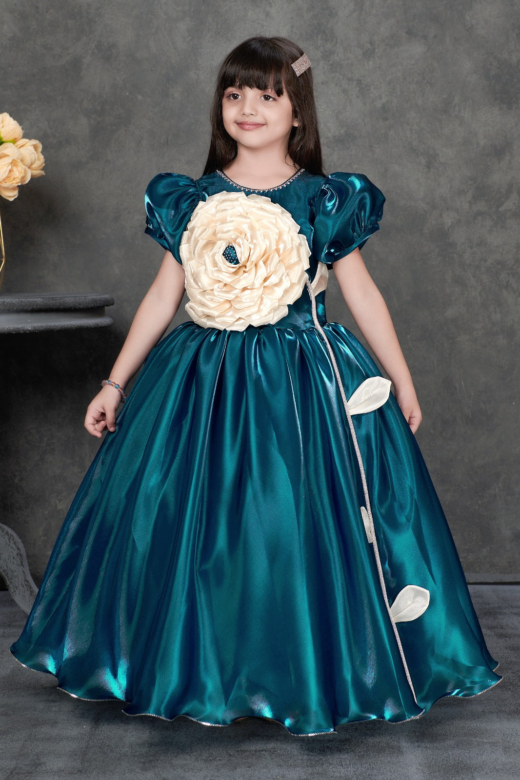Teal Satin Party Gown with Oversized Ivory Flower – Girls’ Designer Dress - Inayah Fashion