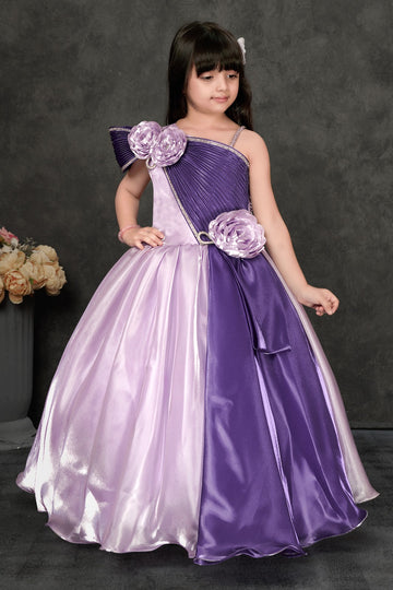 lavender & Purple Layered Gown for Girls – Elegant One-Shoulder Party Dress with Floral Detailing
