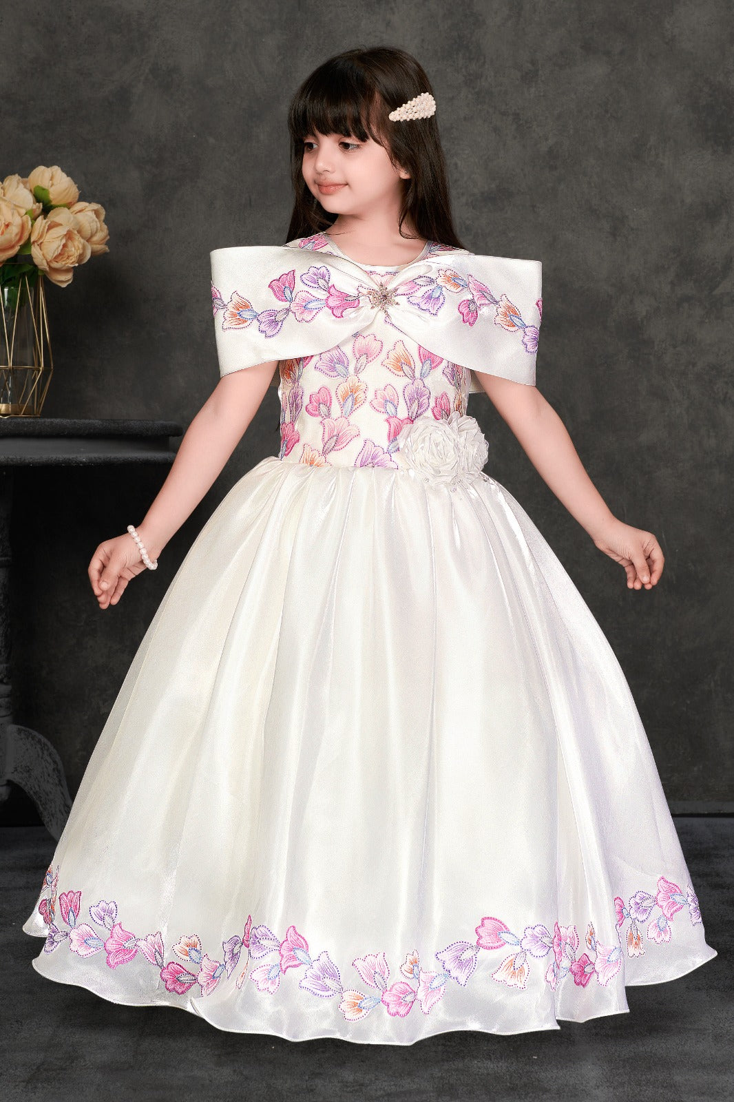 White & Pastel Floral Embroidered Party Gown with Cape – Girls’ Dress - Inayah Fashion