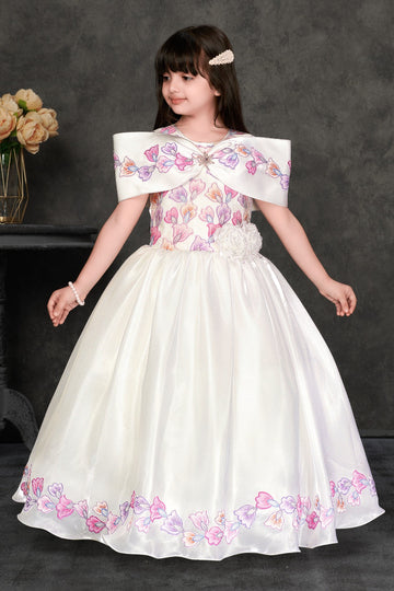 White & Pastel Floral Embroidered Party Gown with Cape – Girls’ Dress - Inayah Fashion