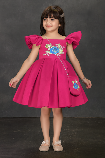 Fuchsia Floral Party Dress with Puff Sleeves & Matching Purse-kids partywear India
