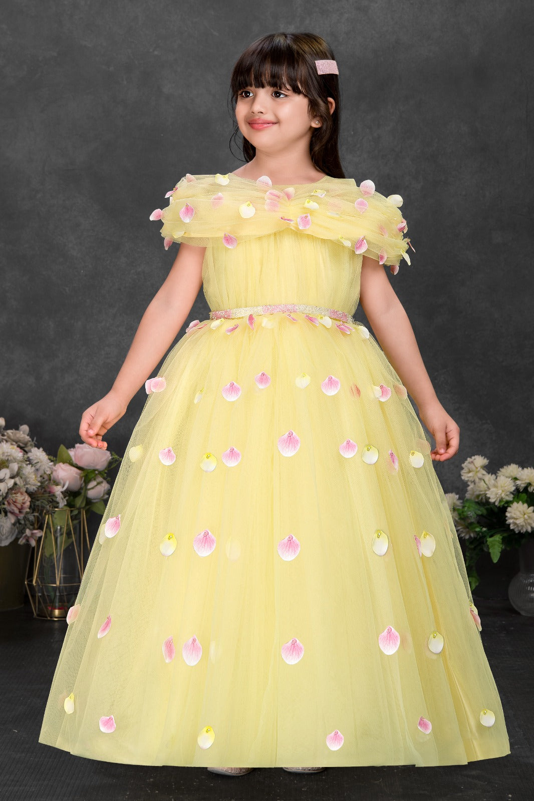 Yellow Net Party Gown with Pink Petal Embellishments – Girls’ Designer Dress - Inayah Fashion