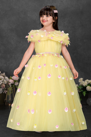 Yellow Net Party Gown with Pink Petal Embellishments – Girls’ Designer Dress - Inayah Fashion