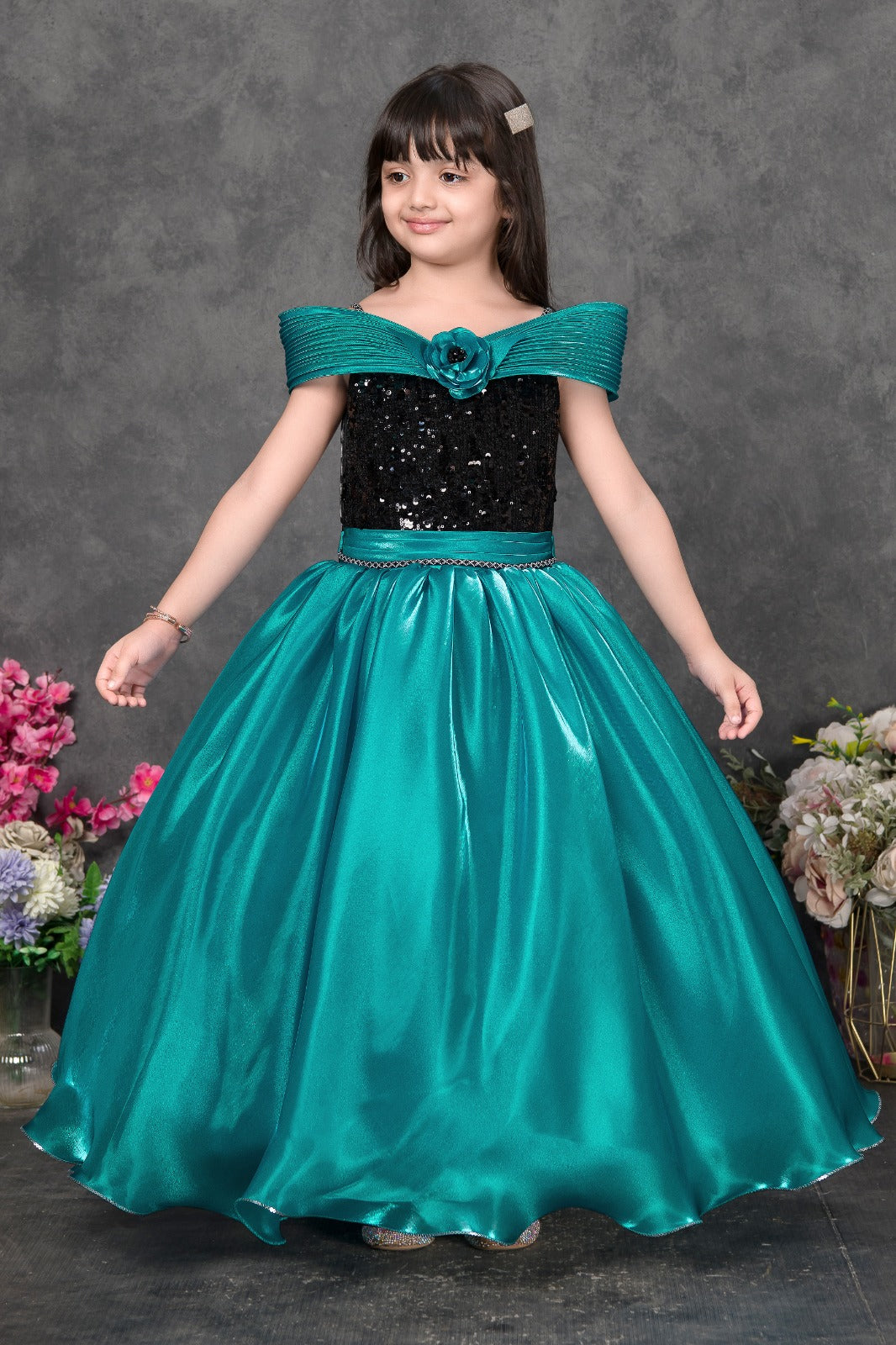 Teal & Black Sequin Party Gown with Off-Shoulder Design – Girls’ Designer Dress - Inayah Fashion