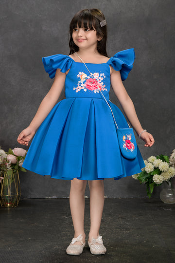 Royal Blue Floral Embroidered Party Dress for Girls – Puff Sleeve Design with Matching Bag