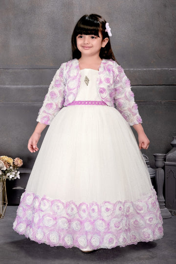 White & Lavender Floral Party Gown with Jacket – Girls’ Premium Dress
