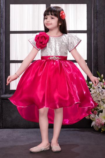 Fuchsia Pink & Silver Sequin Party Gown for Girls – High-Low Satin Flair with Floral Accent