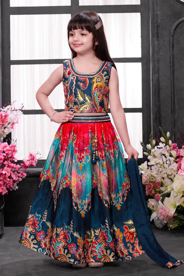 Multicolor Designer Lehenga Set for Girls – Ethnic Embroidered Partywear with Dupatta