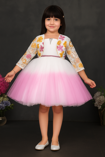 Blossom Pink Ombre Party Frock with Floral Jacket | Premium Birthday dress for Girls – Inayah Fashion-