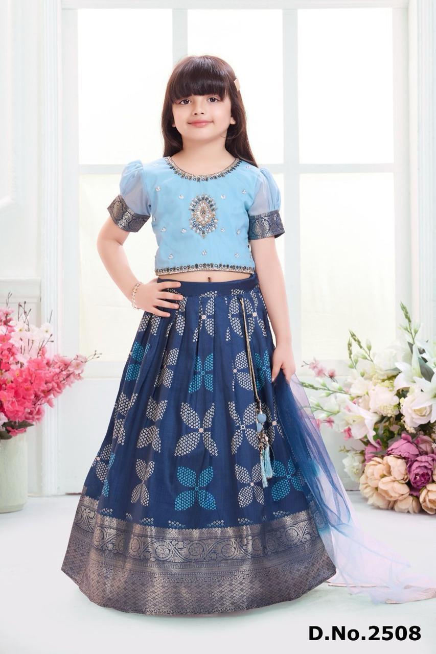 Sky Blue and Navy Blue Brocade Lehenga Set with Embellished Blouse