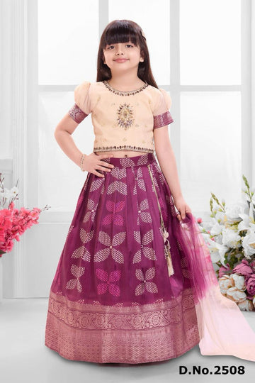 Peach and Plum Brocade Lehenga Set with Embellished Puff Sleeve Blouse
