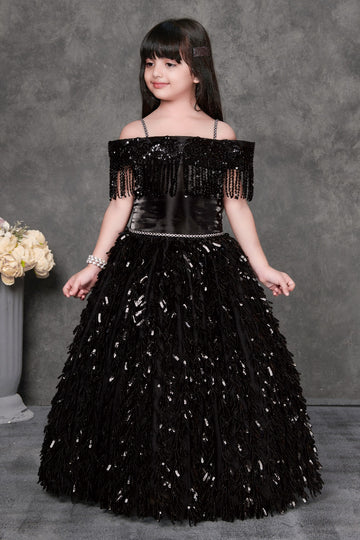 Black Sequin Off-Shoulder Party Wear Gown for Girls | Luxury Kids Dress