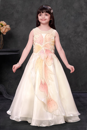 Ivory Cream Embellished Party Wear Gown for Girls | Luxury Kids Dress