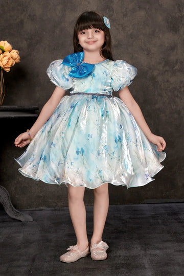 Sky Blue Floral Party Wear Dress for Girls | Luxury Kids Dress