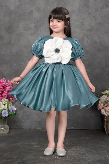 Teal satin party dress for girls with 3D flower
