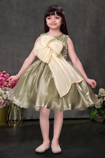 Girls olive gold satin party dress with statement bow