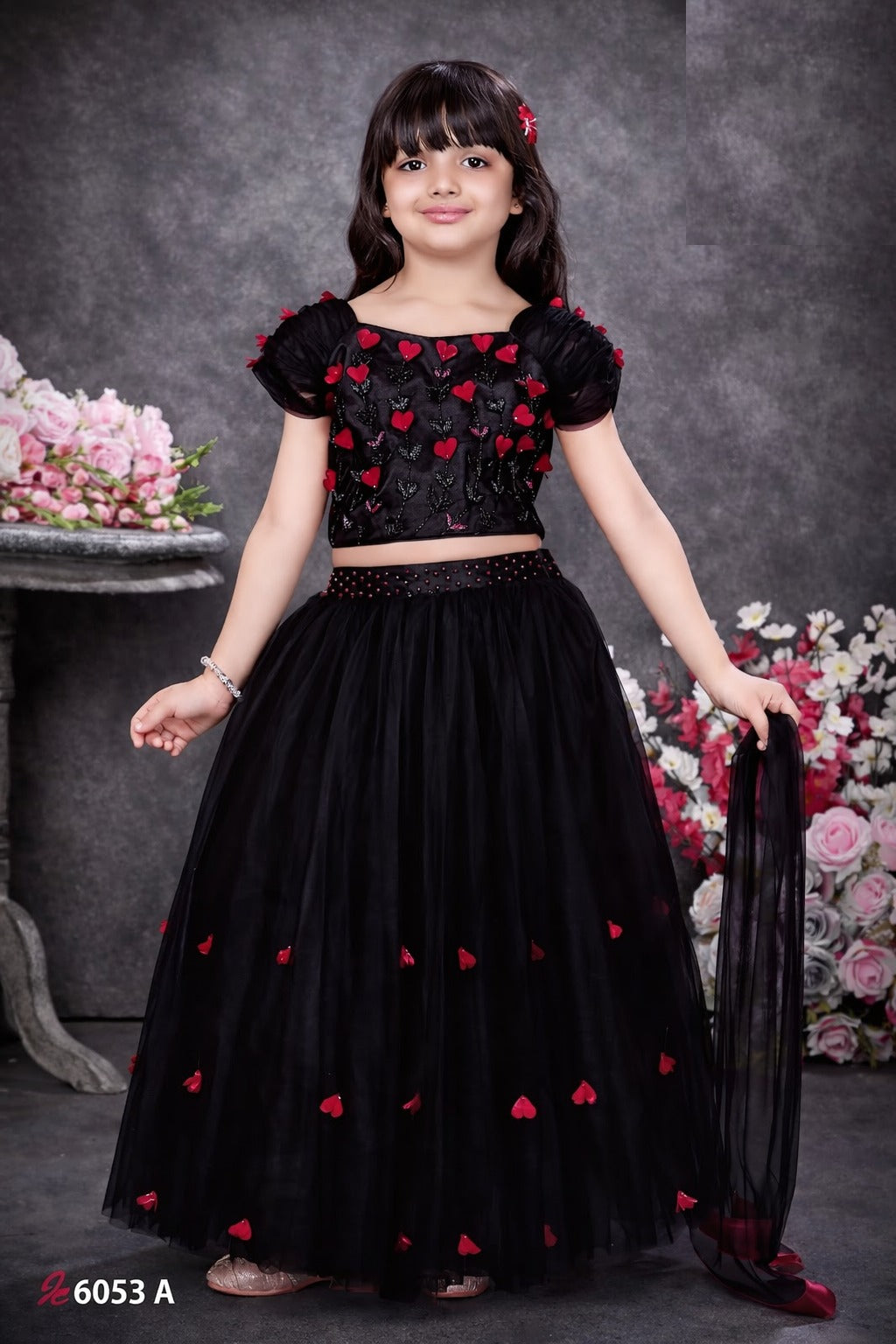 Black and red heart appliqué lehenga set for girls