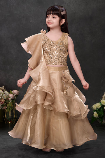 Royal Golden Ruffle Lehenga Gown for Girls-Premium designer lehenga gown for girls