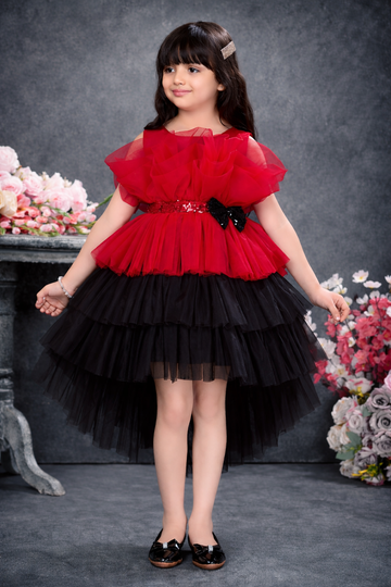 Red and black layered designer party dress for girls